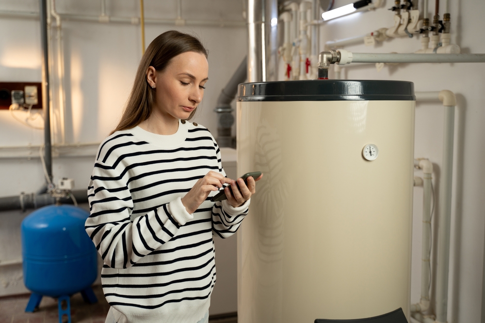 residential boiler repair pictured with concerned boiler basement resident